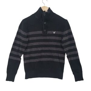 American Eagle Outfitters Mens Black Gray Stripe Mock Neck‎ Pullover Sweater S